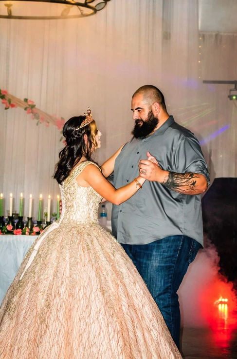 Father daughter dance with fog and uplighting at Bryanna's Sweet 16 in Normangee, Texas