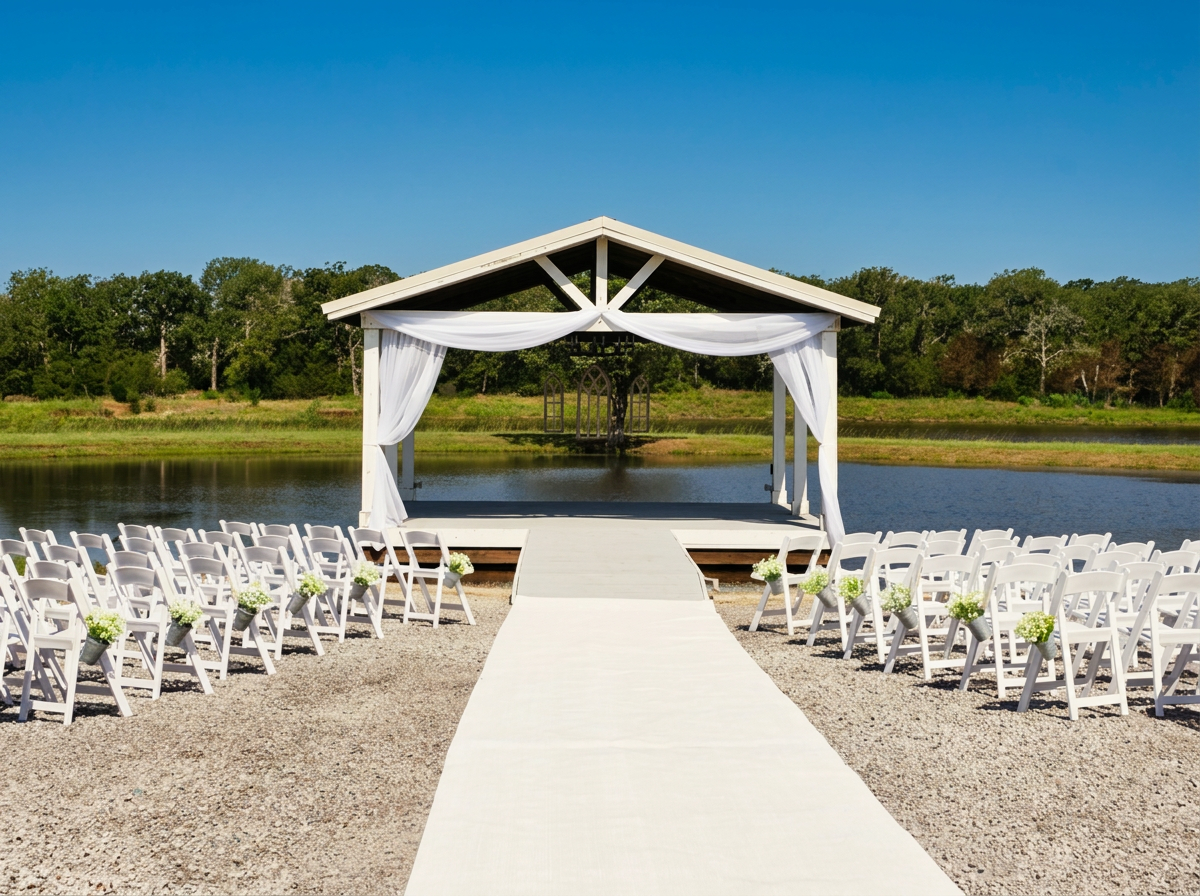 Lakeside pavilion ceremony setup at Reverie at Diamond D, host of the October 25, 2026 open house in Normangee, Texas