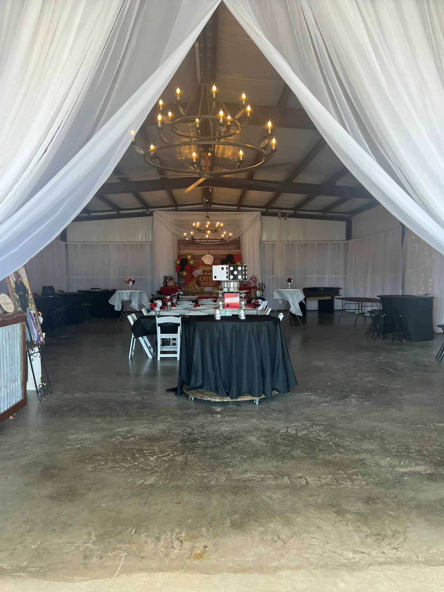 Casino night tables set for a private fundraiser at Reverie at Diamond D event venue in Normangee, Texas