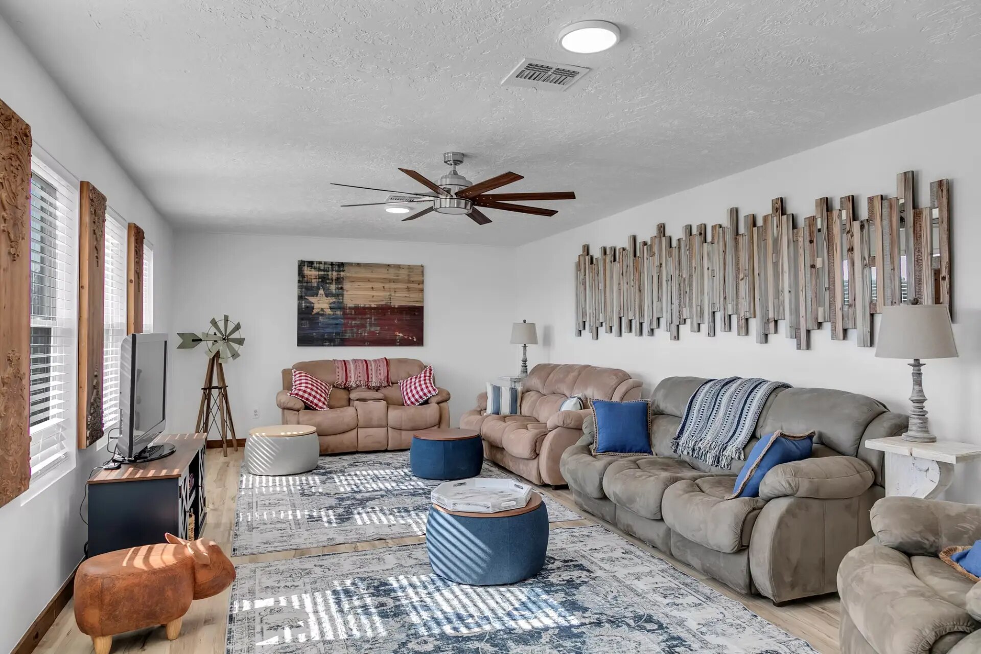 Open living room inside the Reverie at Diamond D farmhouse rental near Normangee, Texas